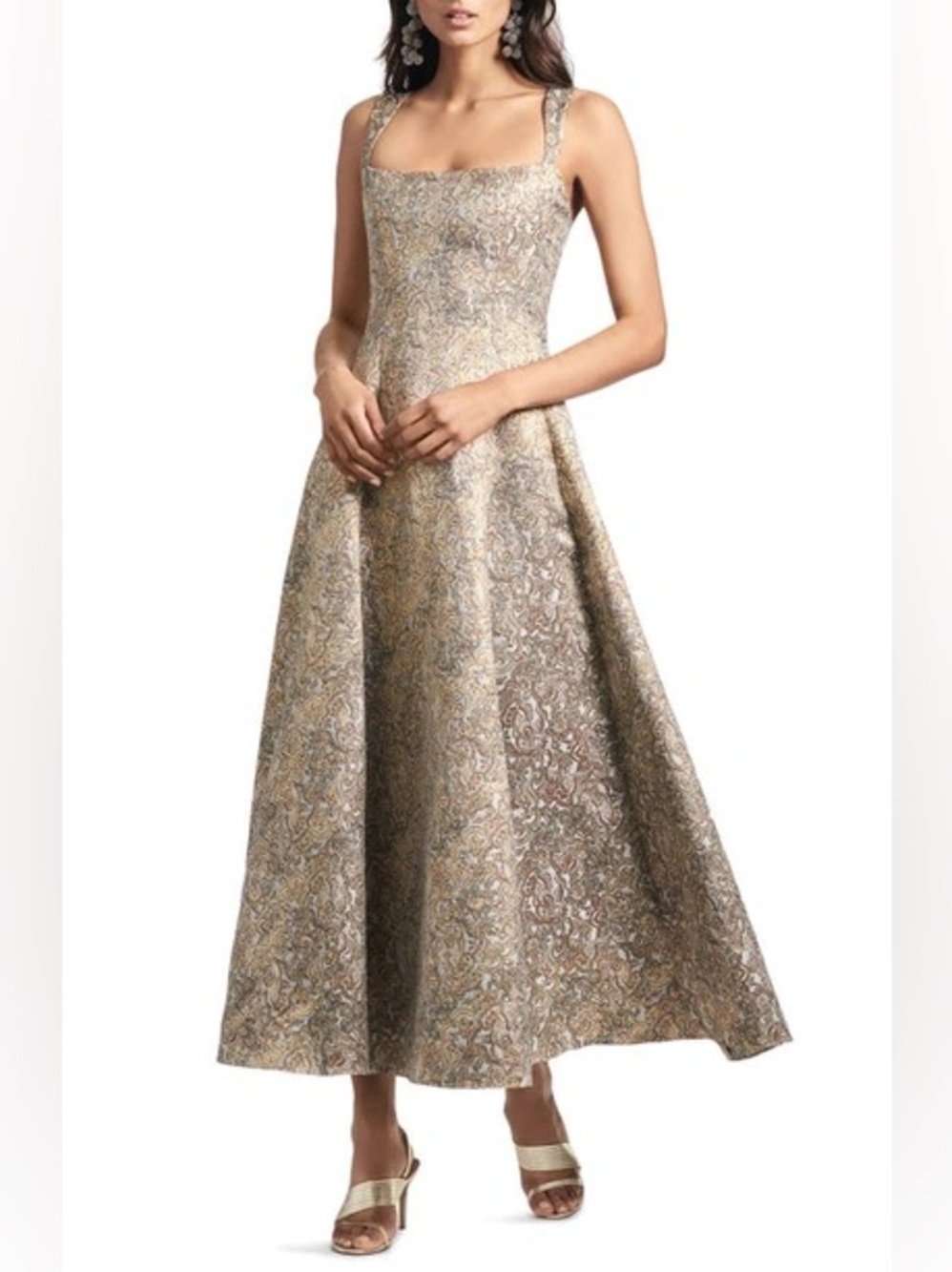 Sachin & Babi Audrey Metallic Floral Embroidery Gown In Gilded Foil Dress Sz 12
